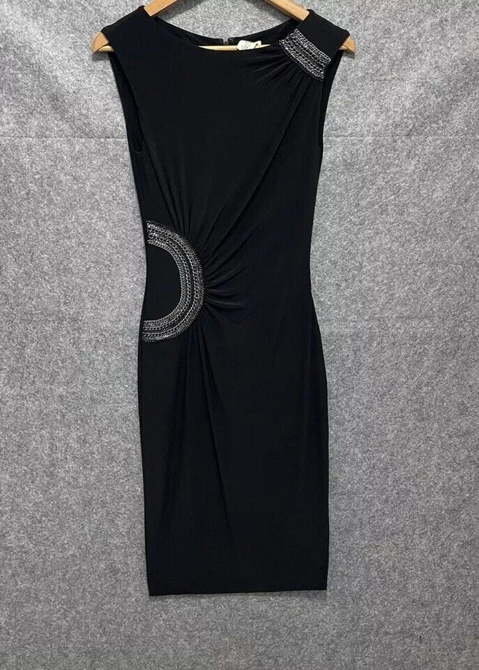 CACHE Vtg Y2K Black Size Small Ruched Body Con Dress Chain Hardware Sleeveless
